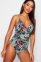 Boohoo Dark Floral Low Lace Up Back Swimsuit