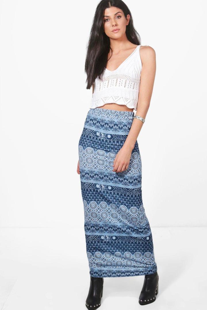 Boohoo Paola Bohemian Border Print Maxi Skirt Blue