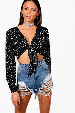 Boohoo Tall Megan Spot Print Tie Front Top