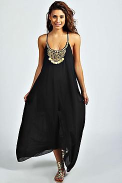 Boohoo Ida Beaded Necklace Dip Hem Maxi Dress