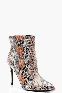 Boohoo Mixed Snake Pointed Toe Stiletto Shoe Boots
