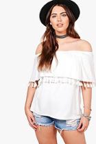 Boohoo Plus Ellie Tassel Trim Off The Shoulder Top