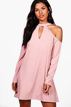 Boohoo Woven Cold Shoulder Cut Out Shift Dress