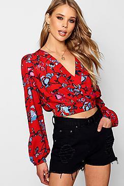 Boohoo Lexi Wrap Front Elastic Waist Long Sleeve Top