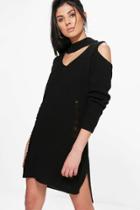 Boohoo Beth Choker Distressed Cold Shoulder Jumper Dress Black