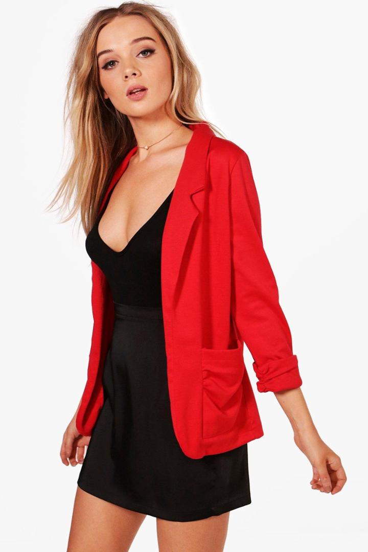 Boohoo Mia Ruched Pocket And Sleeve Ponte Blazer Red