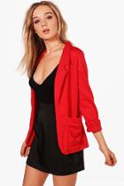 Boohoo Mia Ruched Pocket And Sleeve Ponte Blazer Red