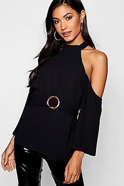Boohoo Cold Shoulder Buckle Detail Top