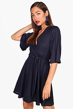 Boohoo Wrap Over Belted Skater Dress