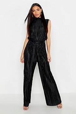 Boohoo Plisse High Neck Jumpsuit