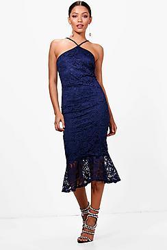 Boohoo Liz Lace Plunge Front Fluted Hem Midi Dress