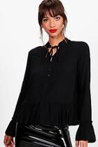 Boohoo Victoria Ruffle High Neck Tie Front Blouse
