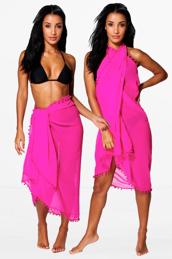 Boohoo Imogen Pom Pom Multiwear Beach Sarong Raspberry