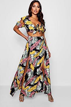 Boohoo Rose Knot Front Double Split Palm Print Maxi Dress