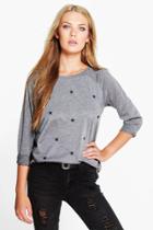 Boohoo Lacey Star Embroidered Slash Neck Sweat Charcoal