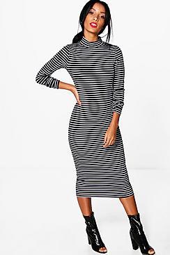 Boohoo Cora High Neck Striped Ribbed Bodycon Midi Dress