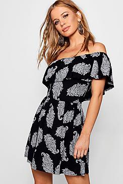 Boohoo Petite Rachel Paisley Print Bardot Frill Skater Dress