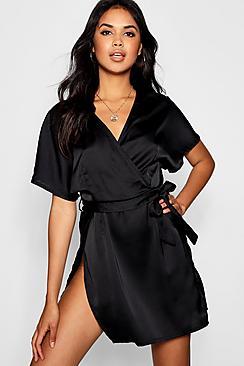 Boohoo Megan Satin Wrap Detail Belted Dress