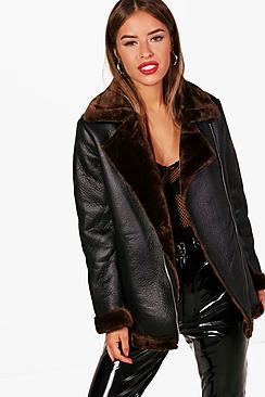 Boohoo Petite Beth Faux Fur Lined Luxe Aviator Coat