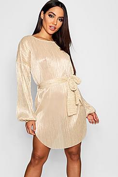 Boohoo Plisse Blouson Sleeve Belted Dress