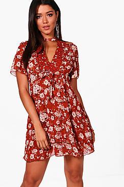 Boohoo Shay Crochet Trim Cold Shoulder Tea Dress