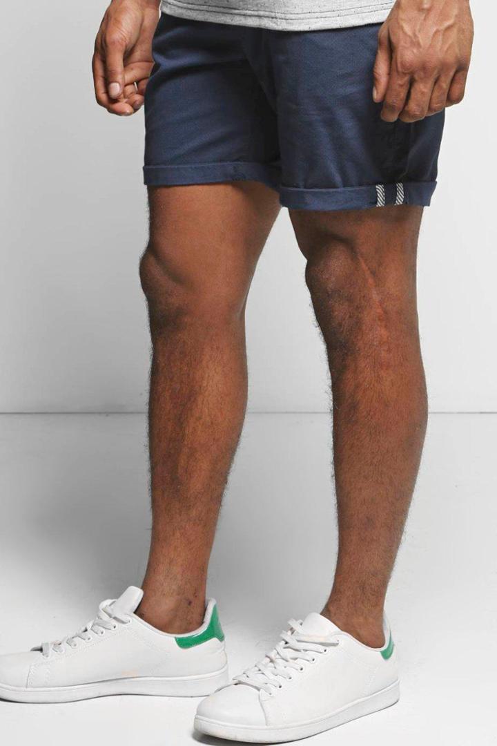 Boohoo Cotton Twill Turn Up Chino Short Navy