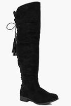 Boohoo Rose Flat Lace Back Tassel Long Leg Boot