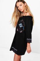 Boohoo Frey Embroidered Off Shoulder A-line Dress Black