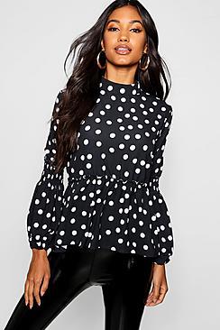 Boohoo Polka Dot Volume Sleeve Woven Top