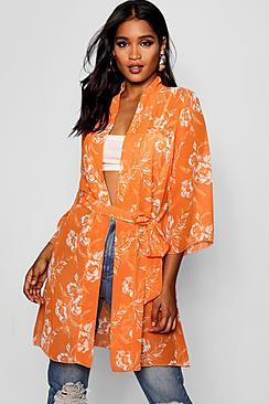 Boohoo Floral Belted Woven Kimono