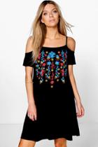 Boohoo Nala Printed Embroidery Cold Shoulder Swing Dress Black