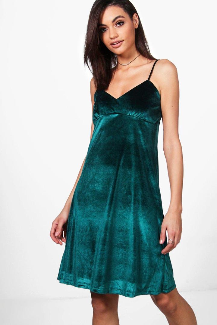 Boohoo Charlotte Velvet Strappy Dress Khaki