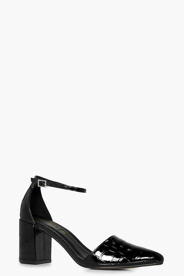 Boohoo Ella Croc Patent Block Heel Pointed Black
