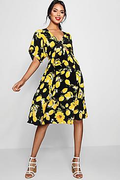 Boohoo Lola Knot Front Lemon Print Midi Dress