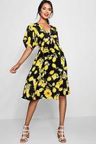 Boohoo Lola Knot Front Lemon Print Midi Dress