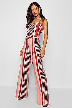 Boohoo Stripe Tie Waist Wide Leg Jumpsuit
