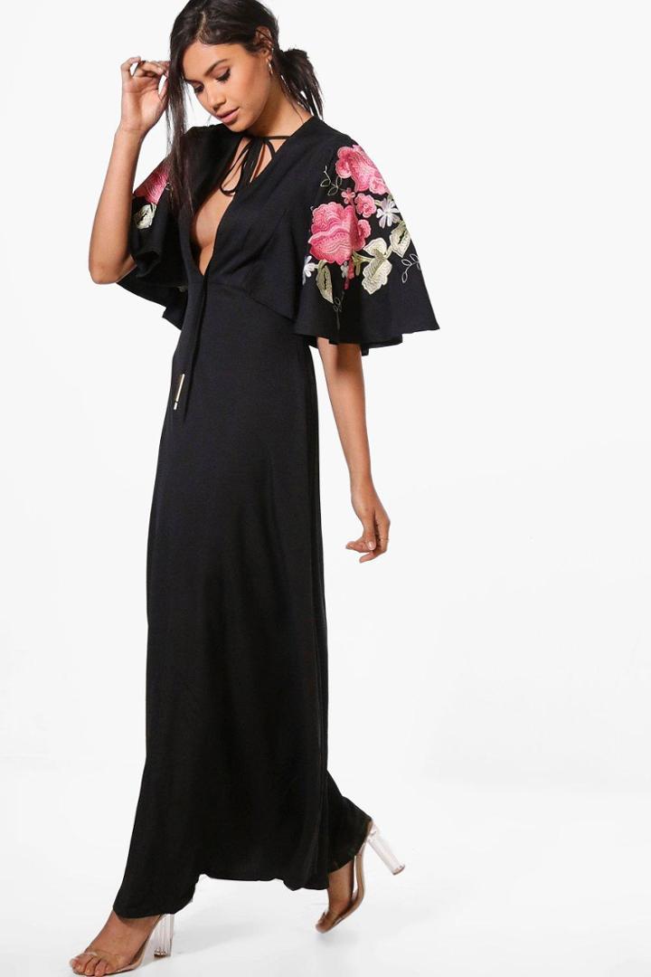 Boohoo Boutique Frey Embroidered Cape Maxi Dress Black