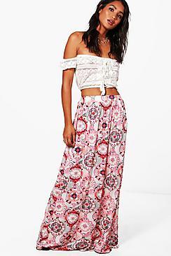 Boohoo Lyla Moroccan Tile Print Floor Sweeping Maxi Skirt