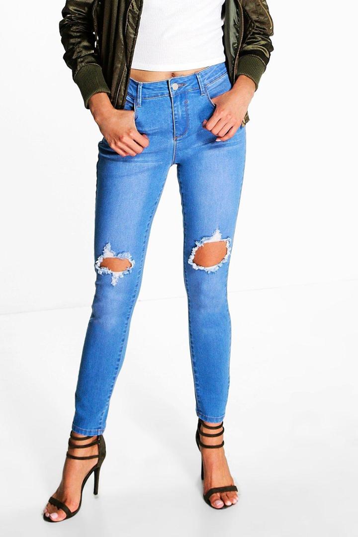 Boohoo Kaia Mid Rise Open Knee Skinny Jeans Blue