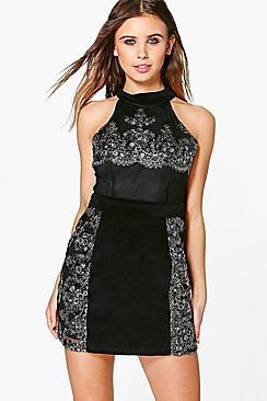 Boohoo Petite Roxy Velvet Embroidered Bodycon Dress