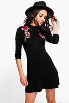 Boohoo Petite Karla Embroidered Turtle Neck Skater Dress
