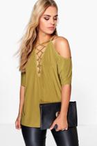 Boohoo Plus Maria Open Shoulder Lace Up Detail Top Olive