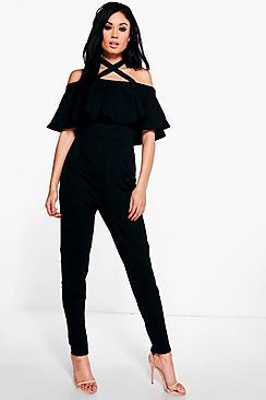 Boohoo Zoe Halter Neck Cold Shoulder Ruffle Jumpsuit