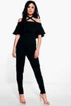 Boohoo Zoe Halter Neck Cold Shoulder Ruffle Jumpsuit