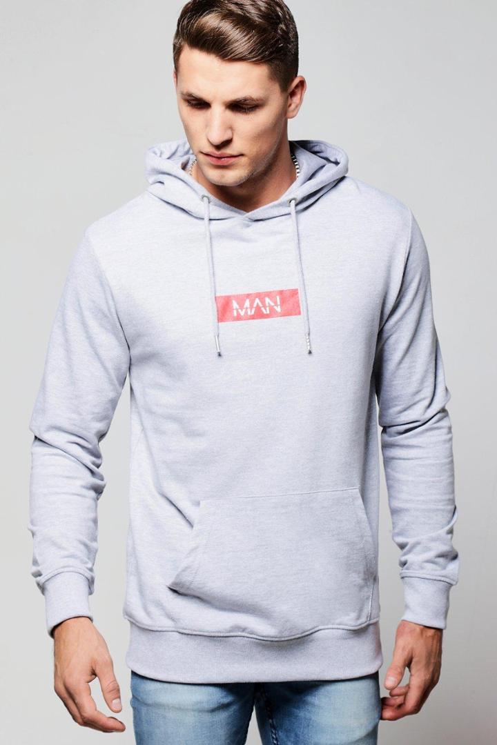 Boohoo Man Red Box Print Over The Head Hoodie Grey