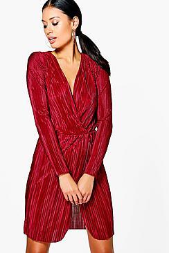Boohoo Daniella Pleated Long Sleeved Wrap Dress