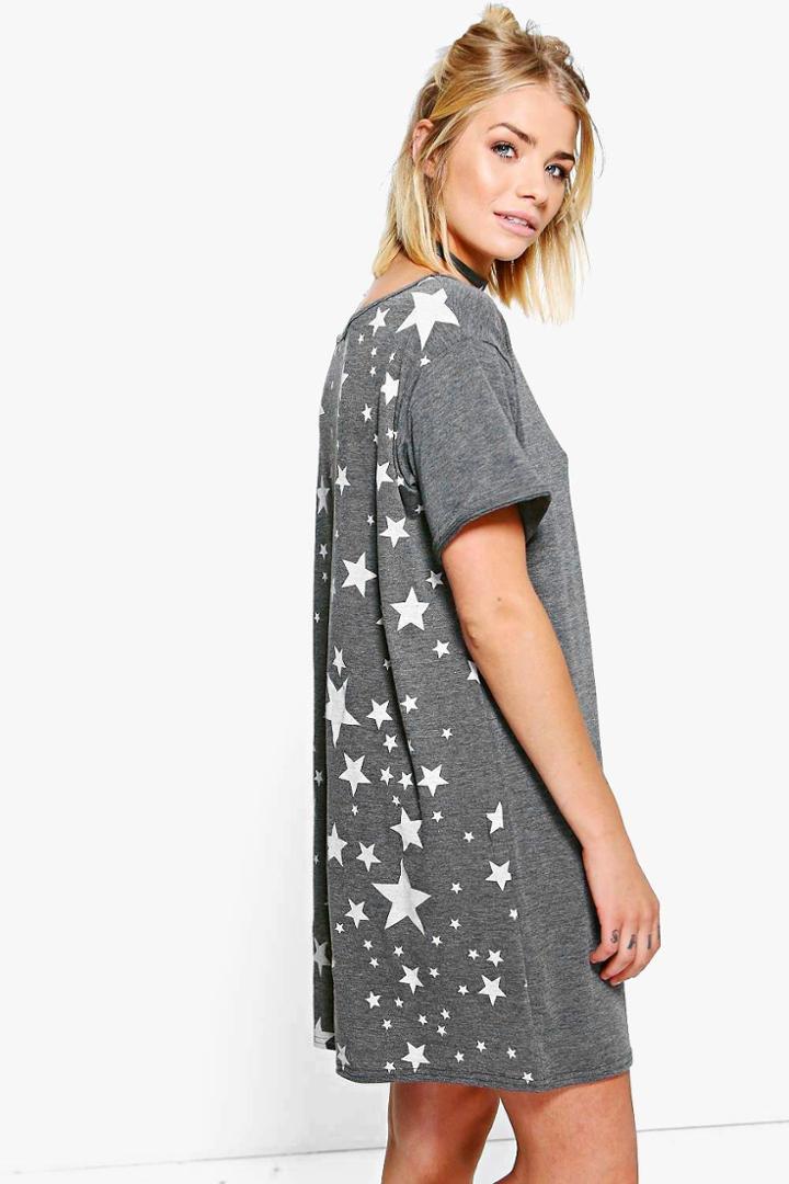 Boohoo Devon Star Back Print T-shirt Dress Charcoal