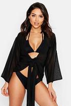 Boohoo Chiffon Bell Sleeve Tie Front Beach Top