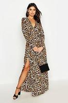 Boohoo Button Front Tiger Print Thigh Split Maxi Dress