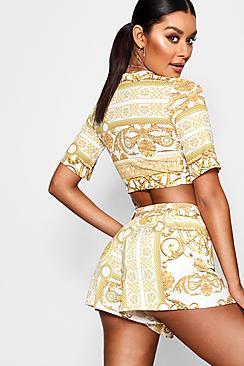 Boohoo Elle Baroque Print Tie Belt Shorts